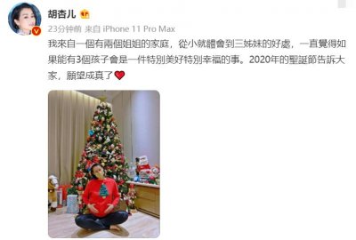 ​恭喜！41岁胡杏儿晒孕照官宣怀三胎，内地赚钱养俩娃太辛苦
