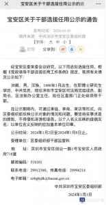​宝安发布干部任前公示，洪毅拟任新职